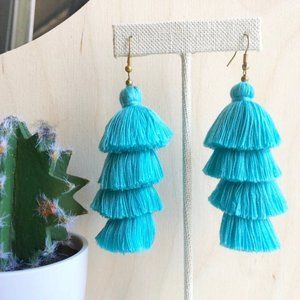 Long Cotton Tassel Earrings in Turquoise Blue
